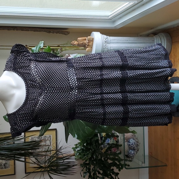 Free People Retro Kitty Crochet Trim Black White Floral Boho Dress Size Small - Picture 10 of 17